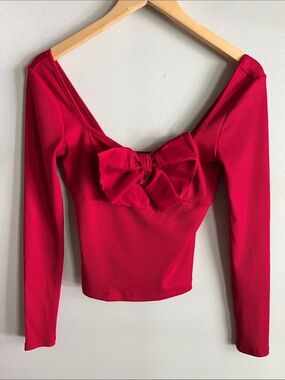 Evolutionary Ribbed Bow Front Long Sleeve Top Pink Size S Coquette Y2K